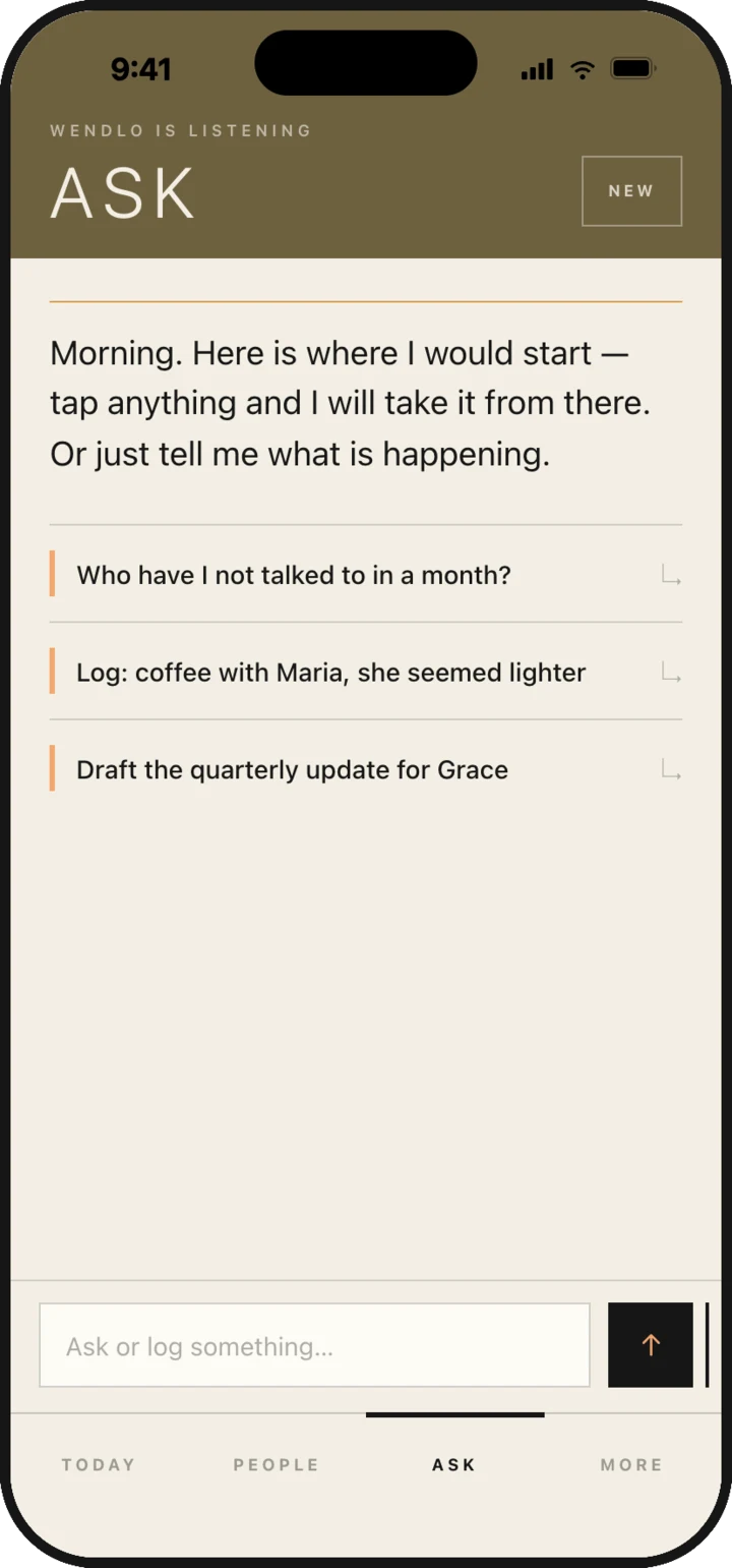 Wendlo's Ask screen, opening with a few suggested starting points rather than an empty box.