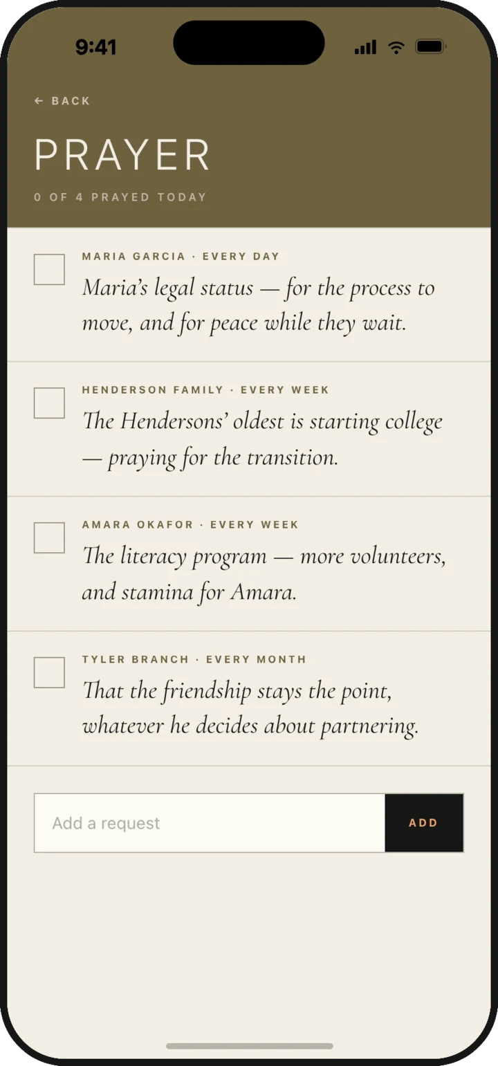 Wendlo's prayer list, each request set in italic serif with how often it comes back around.