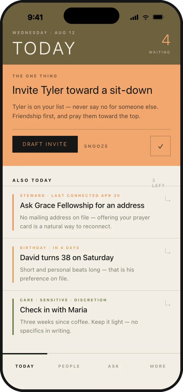 Wendlo's Today screen, showing the one thing worth doing first and a short list of everything else.