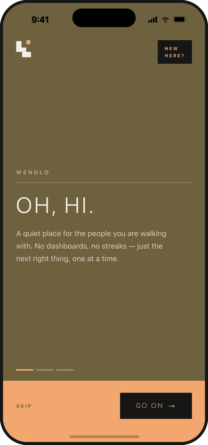 Wendlo's welcome screen: a quiet place for the people you are walking with.